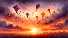 Watercolor Illustration Of Flying Kites At Sunset.
