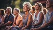 Yoga fitness, clases y entrenamiento de mujeres mayores para el bienestar de la tercera edad. Personas mayores entusiastas del deporte haciendo ejercicio durante una clase de entrenamiento de yoga.