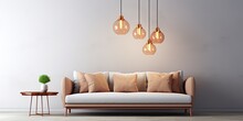 Minimalistic living room with a sofa, copper table, and chandelier in a real photo.
