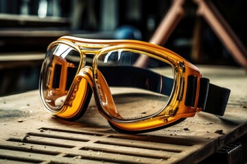 Protective yellow goggles on a dusty worktable in a carpentry shop.