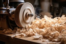 Woodturning lathe covered in fresh wood shavings, illustrating a craftsman's active work.