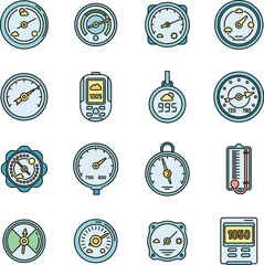Poster - Barometer control icons set. Outline set of barometer control vector icons thin line color flat on white