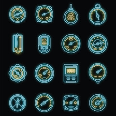 Poster - Barometer control icons set. Outline set of barometer control vector icons neon color on black