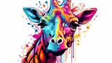 Fototapeta  - Giraffe animal, rainbow vibrant colorsplash, watercolor style white background. Generate AI