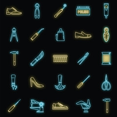 Poster - Shoe repair shop icons set. Outline set of shoe repair shop vector icons neon color on black