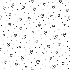 Poster - Seamless Pattern with Hearts ans Dots. Simple Hand Drawn Pattern with Doodle Scatter Hearts. Vector Love Texture. Valentine's Day Sketch Line Background