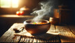 Hot Vegetable Soup with Steam on a wooden rustic Table