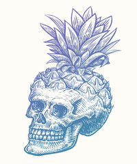 Wall Mural - Hand drawn human skull pineapple with leaves. Vintage sketch vector illustration