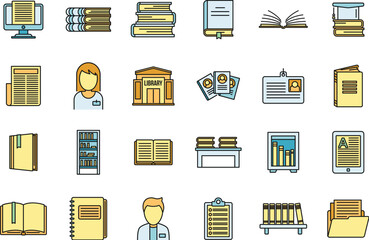 Poster - University library icons set. Outline set of university library vector icons thin line color flat on white