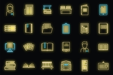 Poster - University library icons set. Outline set of university library vector icons neon color on black