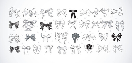 Wall Mural - Collection of doodle ribbon bow ties with various patterns on white background. Girl style doodle illustration.