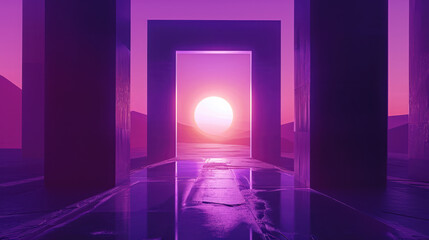 Poster - View of a sun with a glowing purple square arch in a futuristic passage leads to the outdoor alien planet.