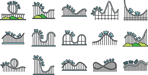 Poster - Roller coaster amusement icons set. Outline set of roller coaster amusement vector icons thin line color flat on white