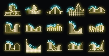 Sticker - Roller coaster amusement icons set. Outline set of roller coaster amusement vector icons neon color on black