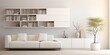 Modern living room with white furniture and storage