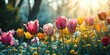 tulips with sunlight background, sun rays and bright flowers, in the style of light teal and light yellow