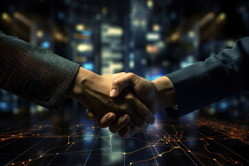 Poster - a dynamic image of a handshake between two individuals against a backdrop of financial charts, promo