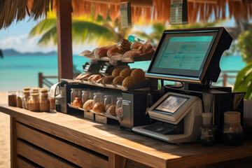 Wall Mural - A picturesque view of a beachside food stand with a banner promoting electronic payments, demonstrating the integration of modern payment methods in leisurely settings.  Generative Ai.