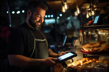 Poster - a snapshot of a tech-savvy food truck operator using a portable card reader to accept electronic pay