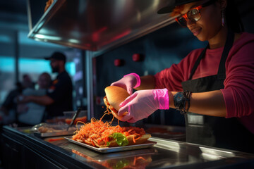 Aufkleber - a snapshot of a food truck festival where attendees use wearables to effortlessly pay for their favo