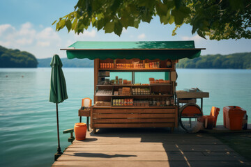 Poster - a picturesque view of a lakeside food stand accepting electronic payments through a secure mobile ap