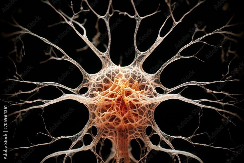 Photographing the complex structure of a neuron, emphasizing its branching dendrites and axon terminals. Metamorphosis, life, happiness