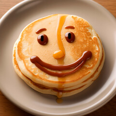 Smiling face, smiley face on a fresh delicious pancake, cheerful dessert, joy, happiness, fun 