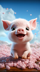 Poster - A Cartoon Piglet in a Cute Farming Scene.Small Piggy