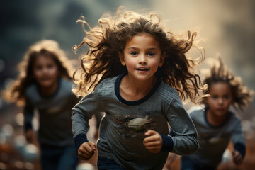 Canvas Print - Two siblings, a girl, and a boy, engaged in a friendly game of soccer, promoting teamwork and physical activity. Generative Ai.