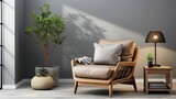 Fototapeta  - Stylish scandinavian living room with armchair, loft modern home decor style