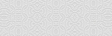 Banner, Elegant Cover Design. Embossed Ethnic Tribal Geometric 3D Pattern On White Background. Ornamental Decorative Art Of The East, Asia, India, Mexico, Aztec, Peru.