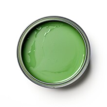 Green Paint Can Isolated On White Background. Top View. Can With Green Paint On A White Background. The Texture Of Oil Paint. Open Full Jar With Light Green Universal Paint.