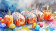 Watercolor illustration of Easter cakes, Kuliches, with white glaze and colorful sprinkles, surrounded by lit candles and colored eggs. Traditional Ukrainian Easter cupcakes. Festive bread. Aquarelle