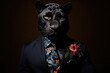 Panther dressed to impress in a sharp suit and patterned pocket square, radiating confidence and poise with a feline twist.