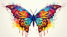 Butterfly Insect Animal, Rainbow Vibrant Colorsplash, Watercolor Style White Background. Generate AI