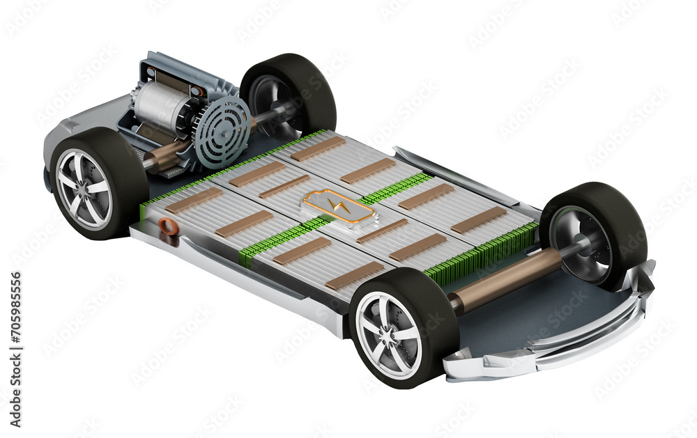 Fictitious electric car chassis with electric engine and batteries on ...