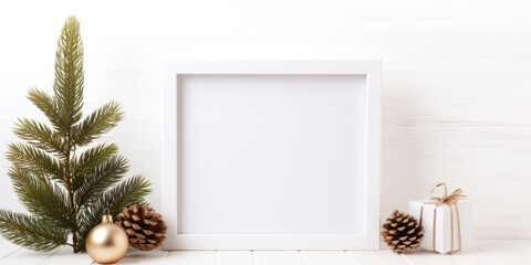 Christmas and New Year-themed background featuring an empty picture frame, fir, and vintage gift box with a blank tag, set on a white background. Scandinavian-style home decor.