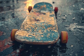 Close-up of a weathered skateboard on a wet, gritty urban street after the rain, Vintage skateboard scene with a modern twist