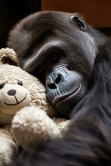 Sticker - A gorilla is sleeping with a  toy bear. Generative AI.