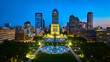 Aerial Twilight View of Indiana War Memorial with Fountain and Cityscape