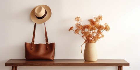 Minimalistic Korean home decor with stylish brown mock up poster frame, elegant accessories, flowers, wooden shelf, and hanging rattan bags and hat.