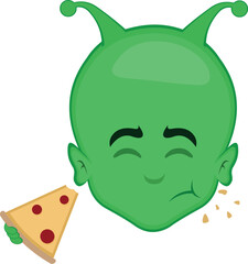 Wall Mural - vector illustration face alien, extraterrestrial or martian character cartoon eating a slice of pizza