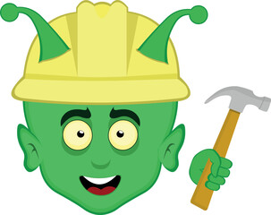 vector illustration face alien, extraterrestrial or goblin cartoon, with a builder helmet and hammer in hand