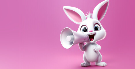 Wall Mural - Cute Cartoon Easter Bunny with a Megaphone on a Pink Background with Space for Copy