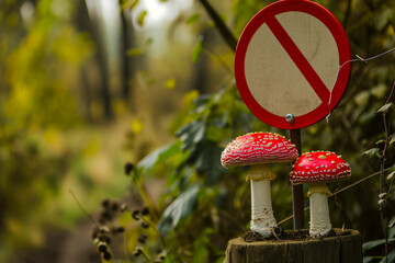 The concept of a ban on mushroom picking. Background with selective focus and copy space