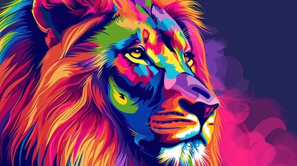 Wall Mural - creative colorful lion king head on pop art style with soft mane and color background