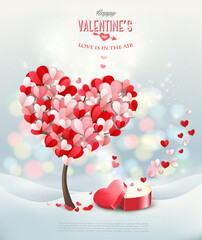 Leinwandbilder - Valentine's Day background with heart shaped tree and open red heart shaped gift box. Vector.