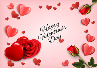 Leinwandbilder - Valentine's Day holiday getting card with red rose shape heart and paper hearts. Vector illustration