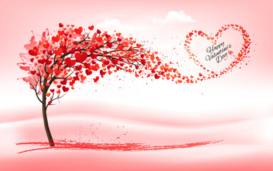 Aufkleber - Festive background for Valentine's Day. Tree with heart-shaped leaves and leaves collected in the shape of a heart. Vector