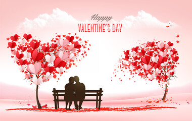 Valentine's Day holiday getting card with heart shape tree and couple in love on a bench. Concept of love. Vector